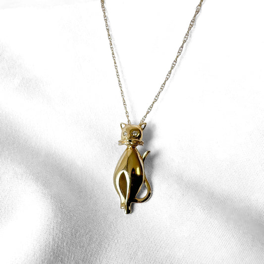 Vintage 14K Yellow Gold Diamond Accent Cat Pendant Necklace 16"