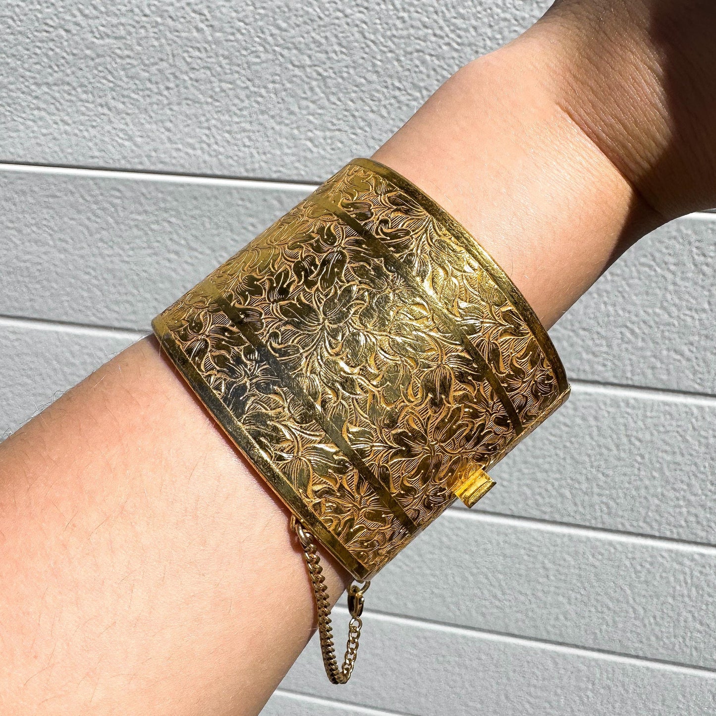 Vintage Miriam Haskell Gold Toned Floral Etched Thick Hinged Cuff Bangle