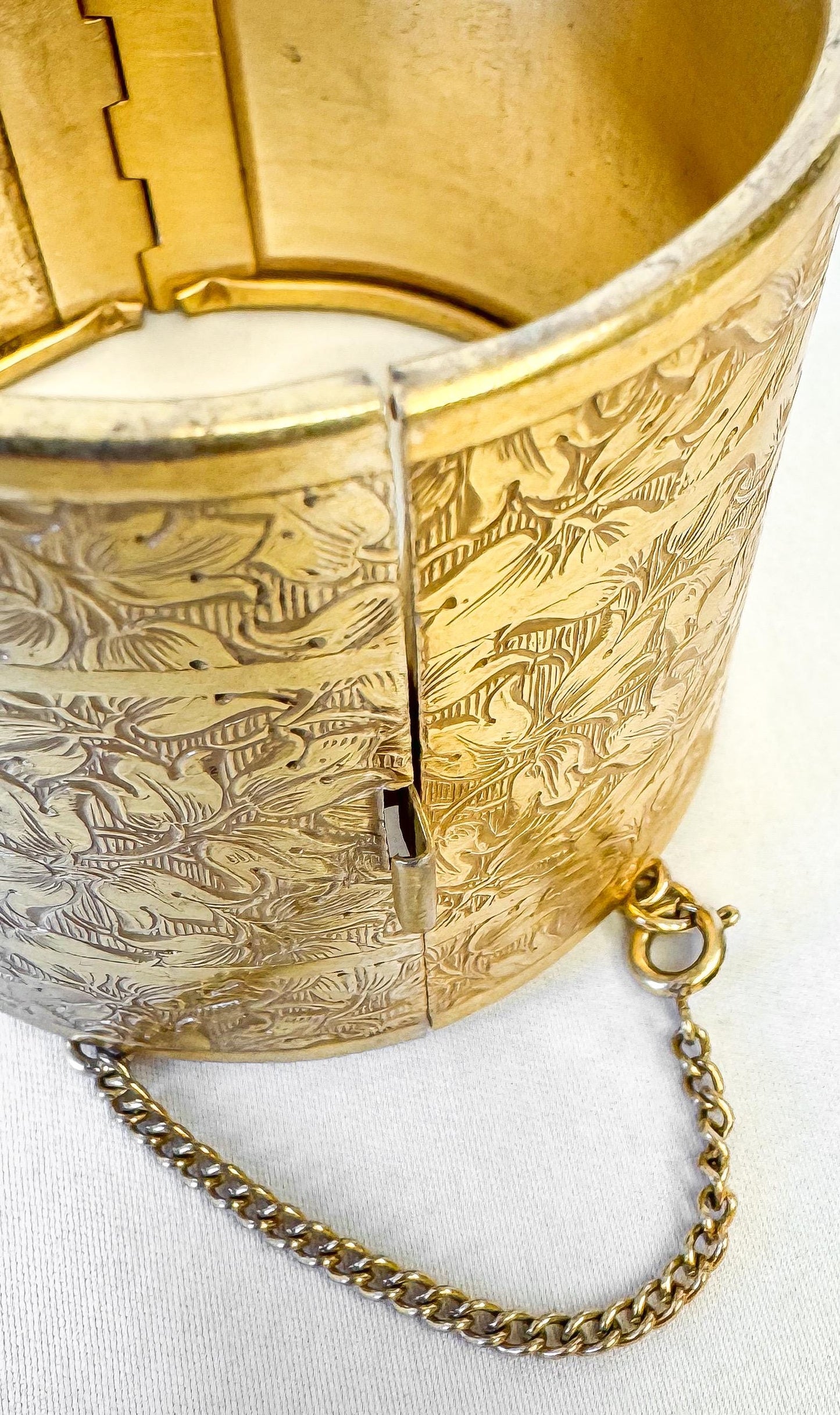 Vintage Miriam Haskell Gold Toned Floral Etched Thick Hinged Cuff Bangle