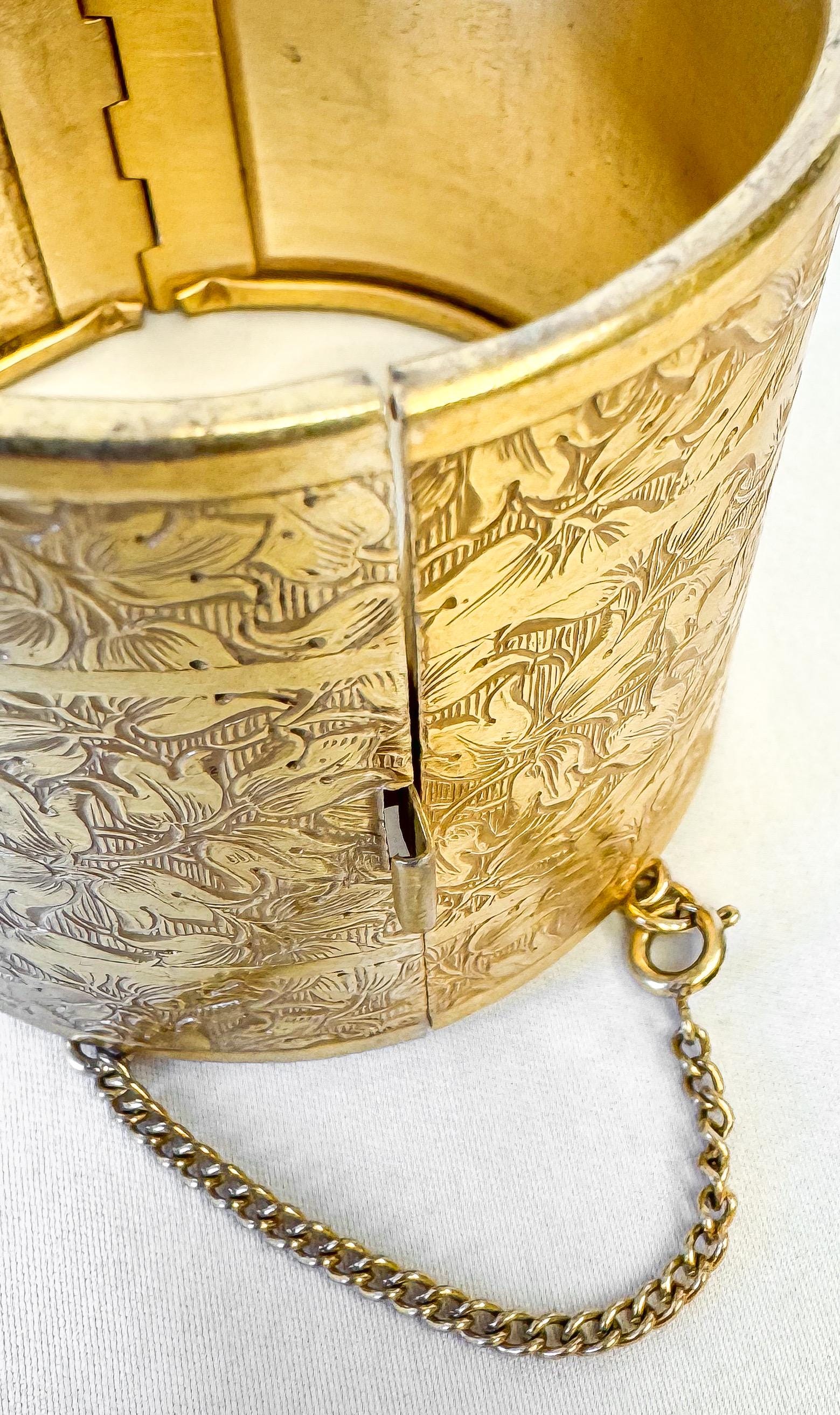 Vintage Miriam Haskell Gold Toned Floral Etched Thick Hinged Cuff Bangle