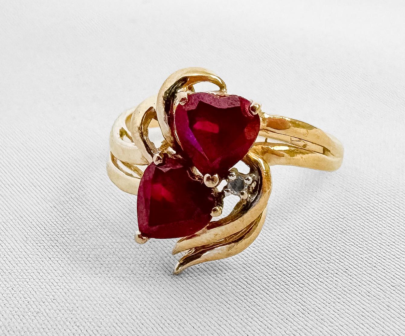 Vintage 10K Yellow Gold Ruby Diamond Accent Double Heart Ring, Size 7