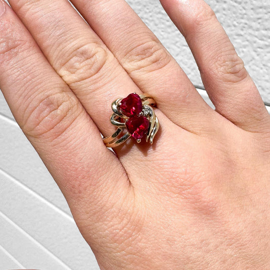 Vintage 10K Yellow Gold Ruby Diamond Accent Double Heart Ring, Size 7