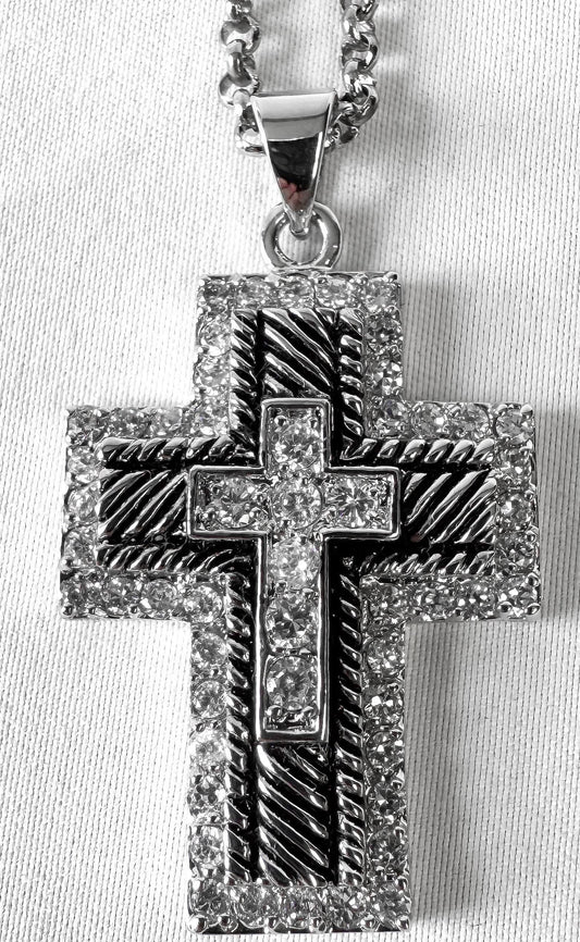 Montana Silversmiths Etched Rhinestone Large Cross Necklace, Western Emo Goth Statement Necklace