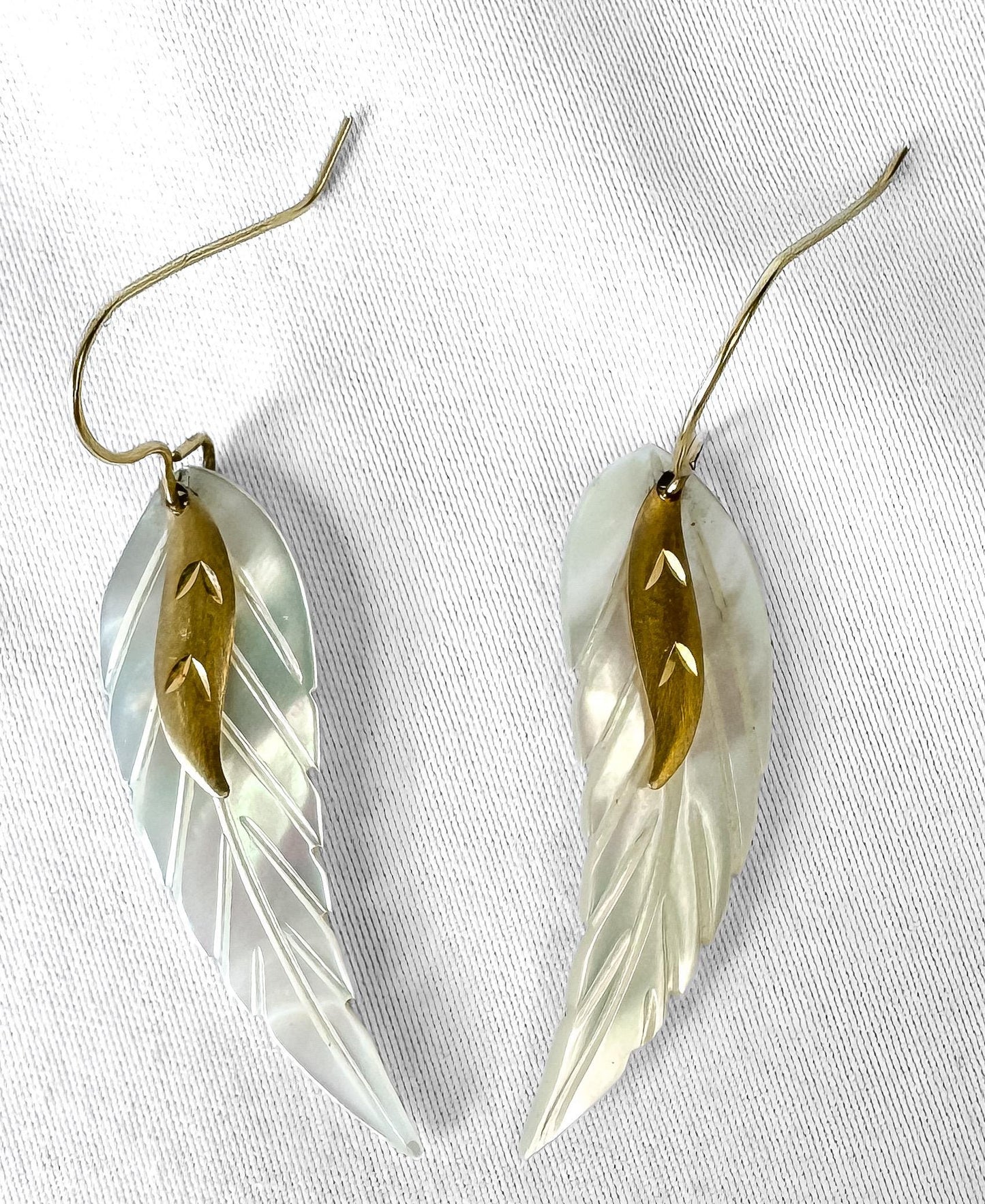 14K Mother of Pearl Angel Wings Feather Diamont Cut Dangle Earrings