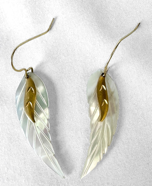 14K Mother of Pearl Angel Wings Feather Diamont Cut Dangle Earrings