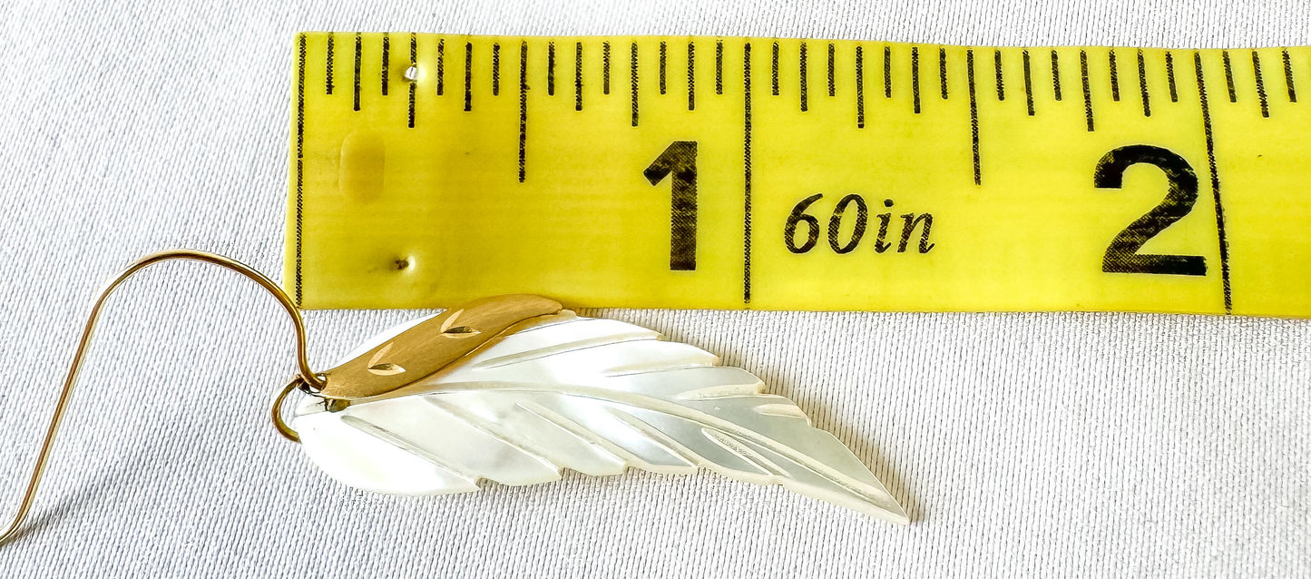 14K Mother of Pearl Angel Wings Feather Diamont Cut Dangle Earrings