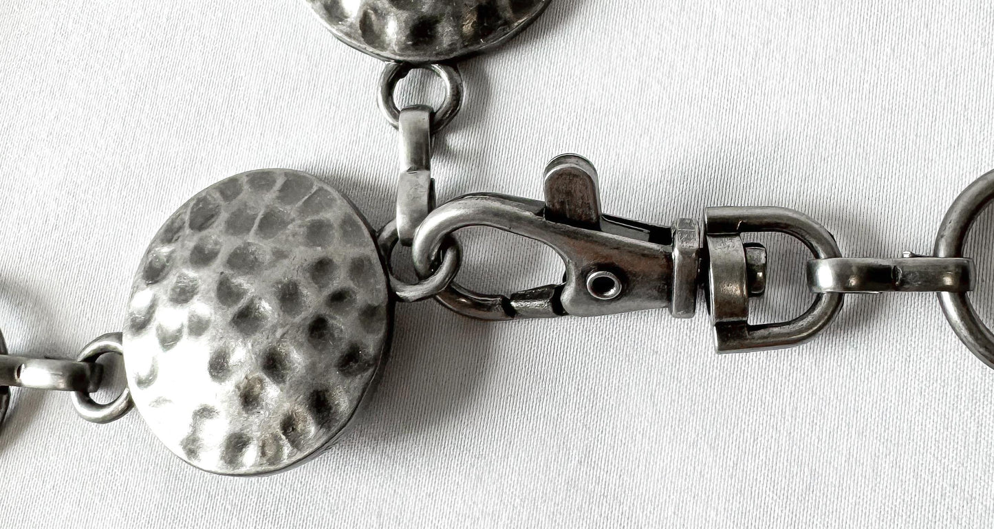 Vintage Silver Gray Tone Circular Hammered Textured Adjustable Chain Link Belt