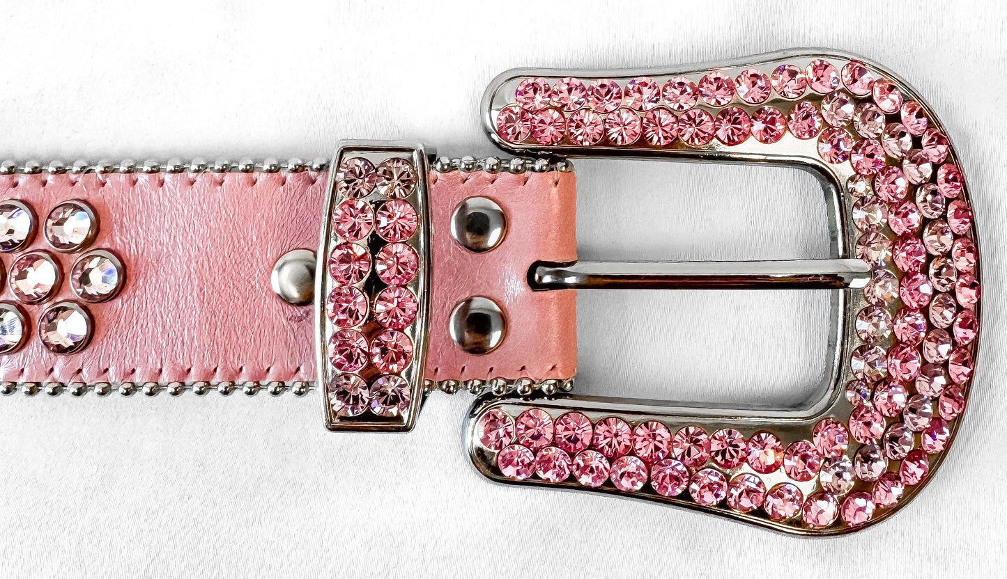 Vintage Style B.B. Simon Baby Pink Leather Rhinestone Swarovski Crystal Chunky Belt, 30"-36" Waist, Unique Statement Western Festival Belt