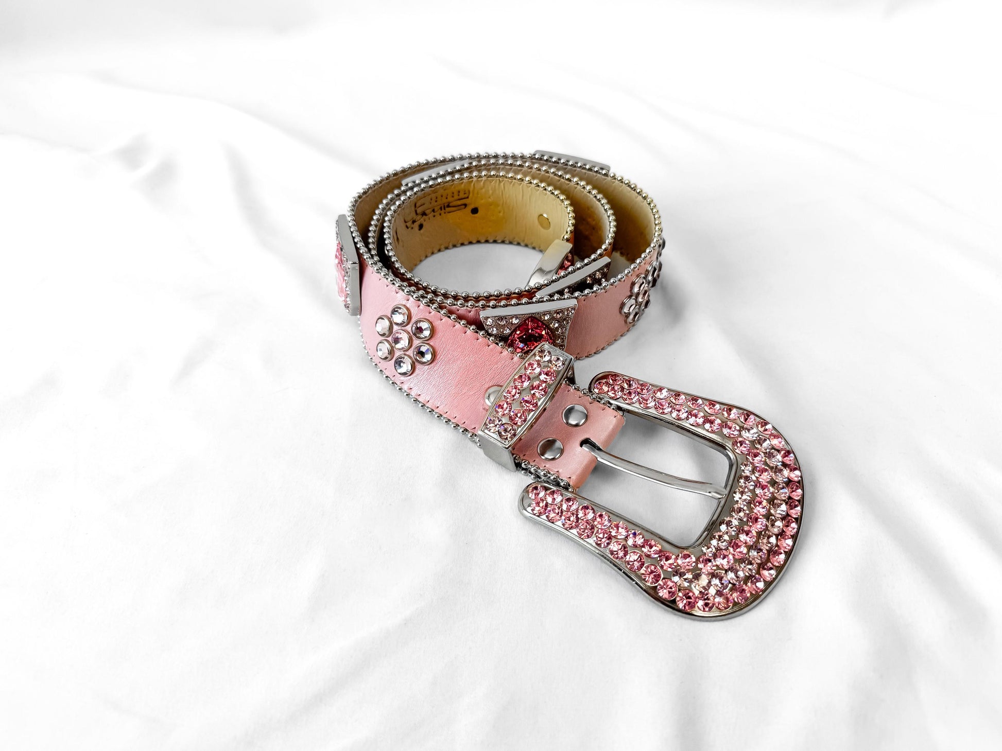 Vintage Style B.B. Simon Baby Pink Leather Rhinestone Swarovski Crystal Chunky Belt, 30"-36" Waist, Unique Statement Western Festival Belt