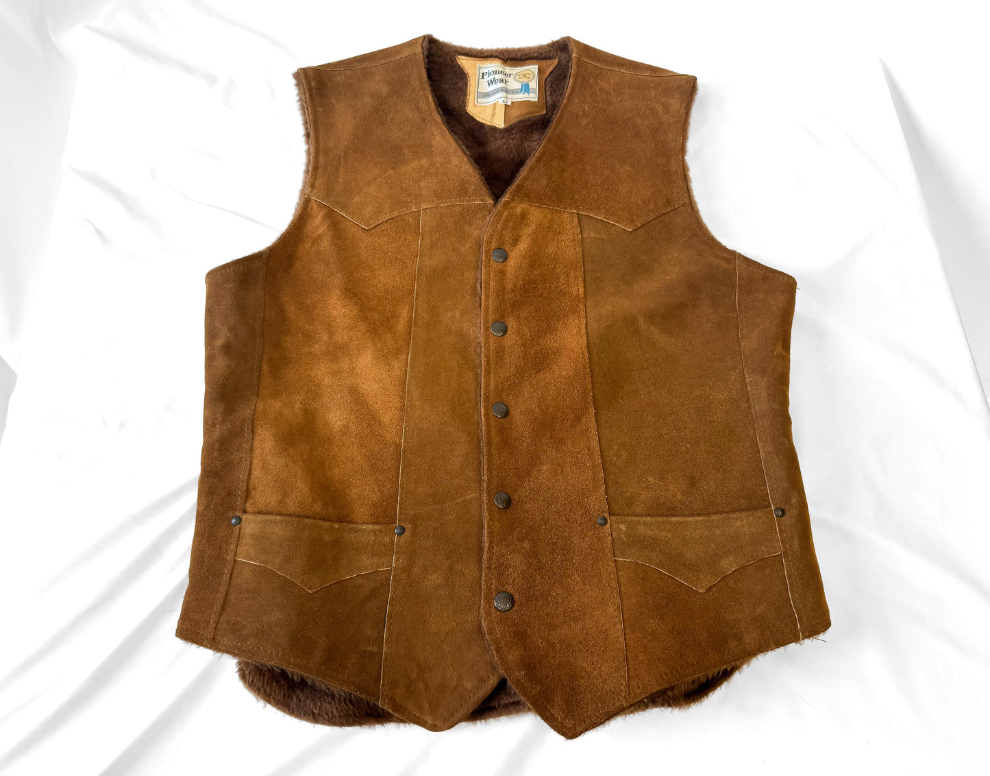 60s Pioneer Wear Brown Suede Leather Fur Lined Vest, Approx. Men's Sz. L, Vintage Western Vest Top