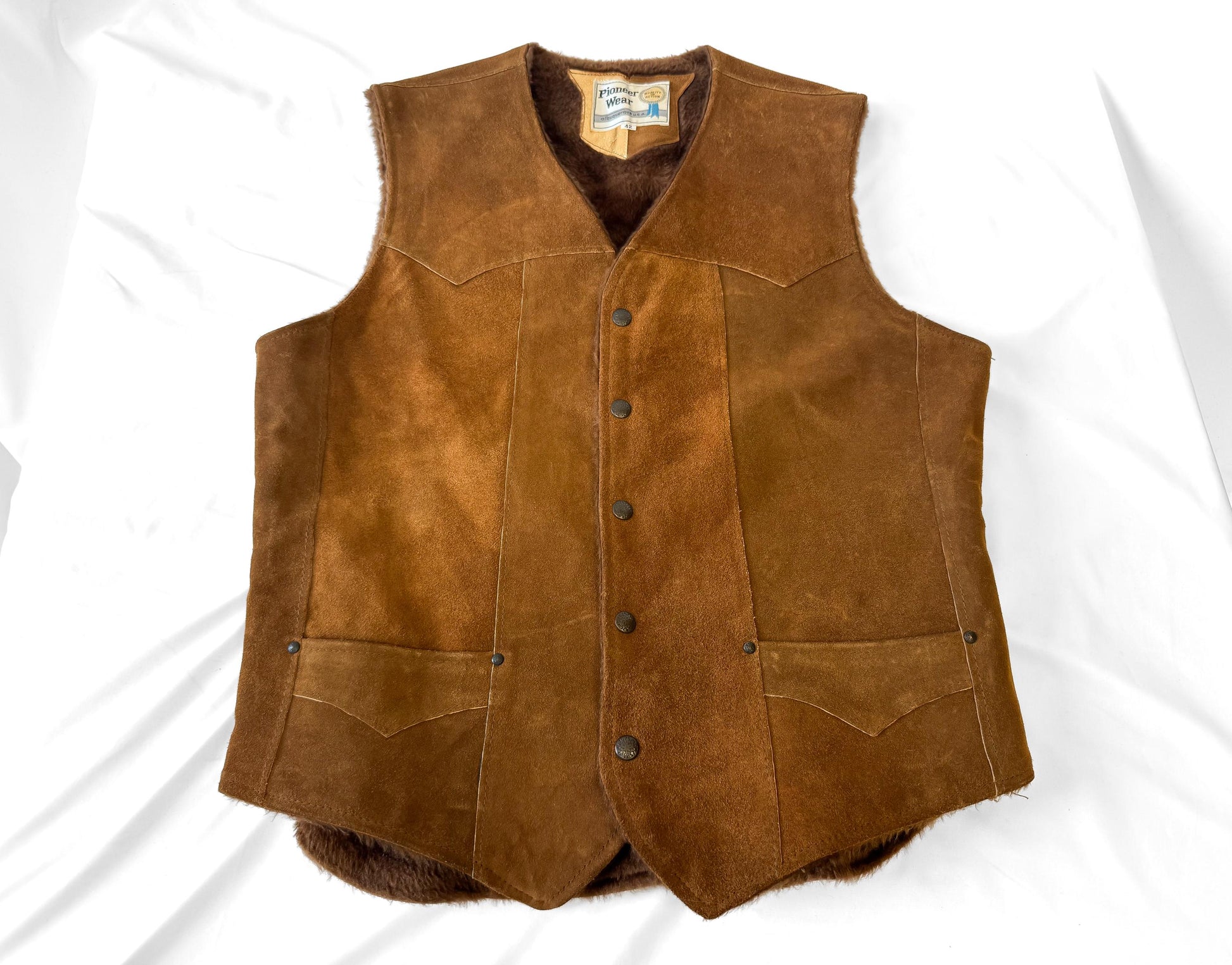 60s Pioneer Wear Brown Suede Leather Fur Lined Vest, Approx. Men's Sz. L, Vintage Western Vest Top