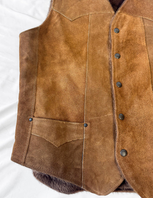 60s Pioneer Wear Brown Suede Leather Fur Lined Vest, Approx. Men's Sz. L, Vintage Western Vest Top