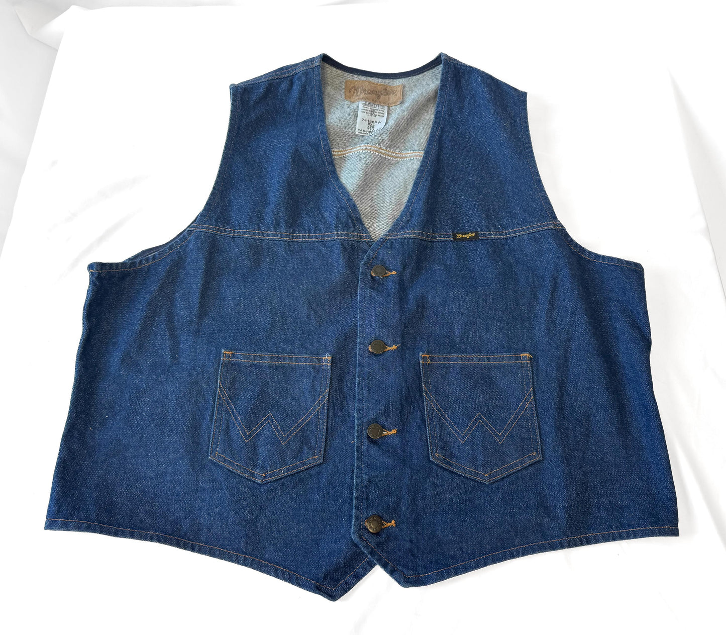 Vintage Wrangler Dark Wash W Stitch Cotton Denim Vest, Men's Sz. XXL, Western Festival Rodeo Unisex Vest