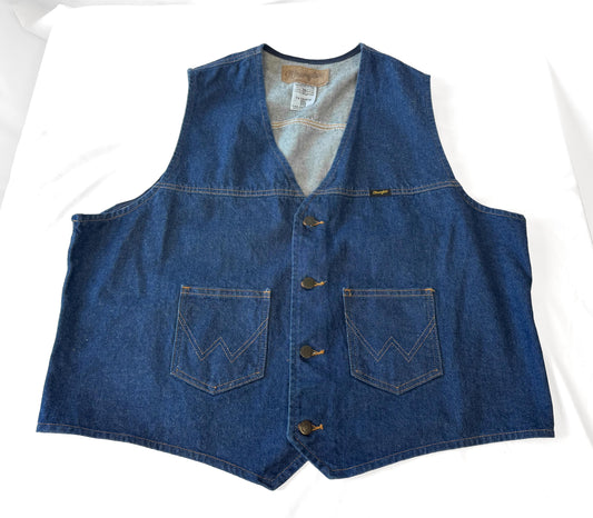Vintage Wrangler Dark Wash W Stitch Cotton Denim Vest, Men's Sz. XXL, Western Festival Rodeo Unisex Vest