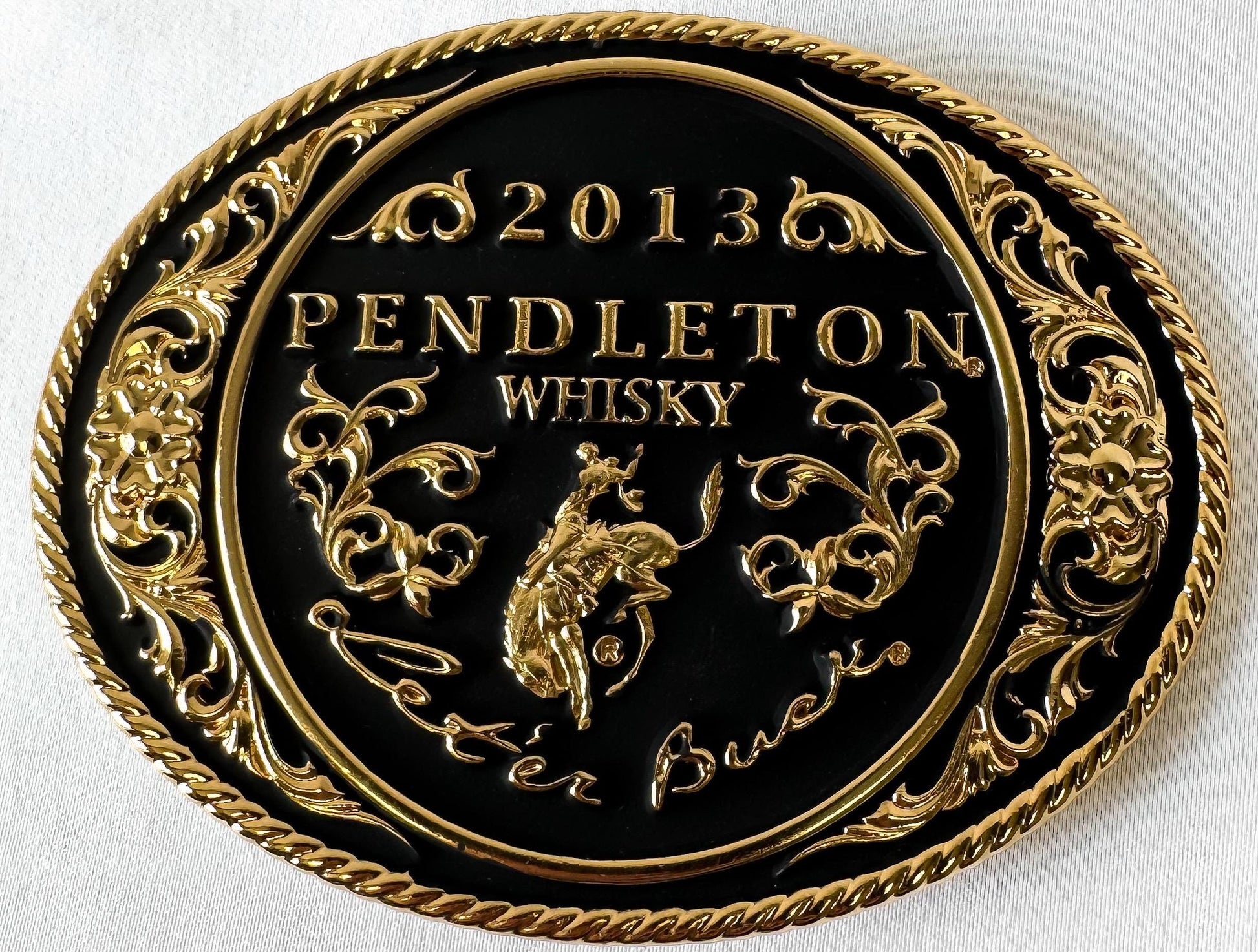 Montana Silversmiths 2013 Pendleton Whisky Black and Gold Oval Belt Buckle, 3.75" x 2.75", Vintage Western Belt Buckle