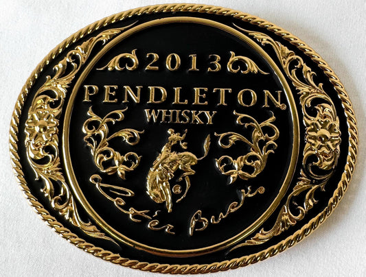Montana Silversmiths 2013 Pendleton Whisky Black and Gold Oval Belt Buckle, 3.75" x 2.75", Vintage Western Belt Buckle