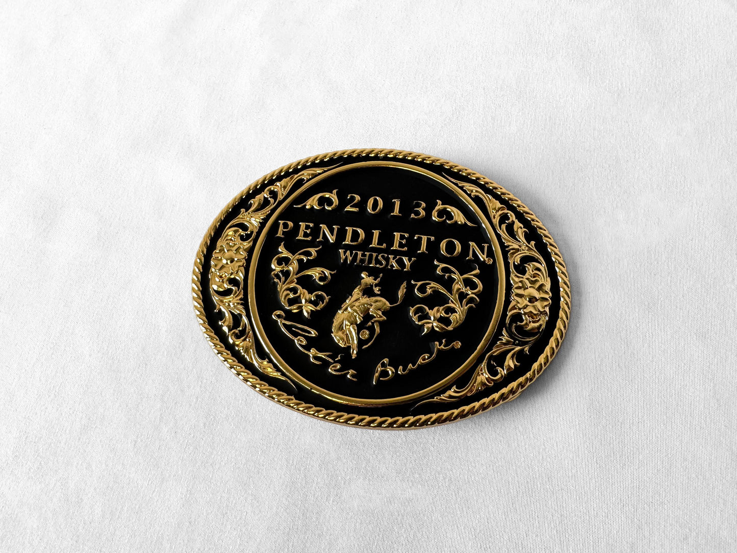 Montana Silversmiths 2013 Pendleton Whisky Black and Gold Oval Belt Buckle, 3.75" x 2.75", Vintage Western Belt Buckle