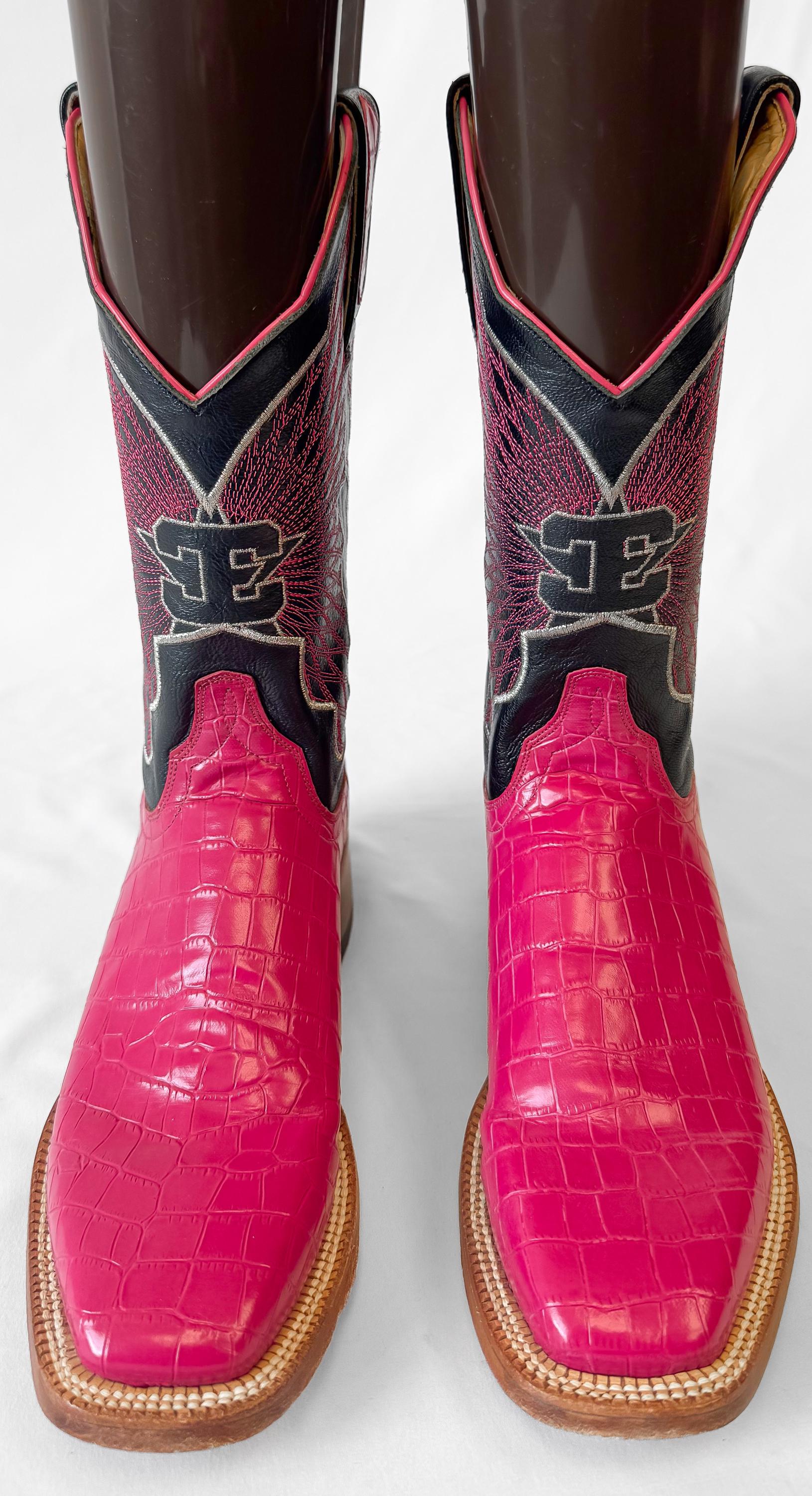 Deadstock Cinch Edge Hot Pink Fuchsia Black Leather Cowboy Boots, Women's Sz. 7B, Vintage Unique Statement Western Festival Cowgirl Boot