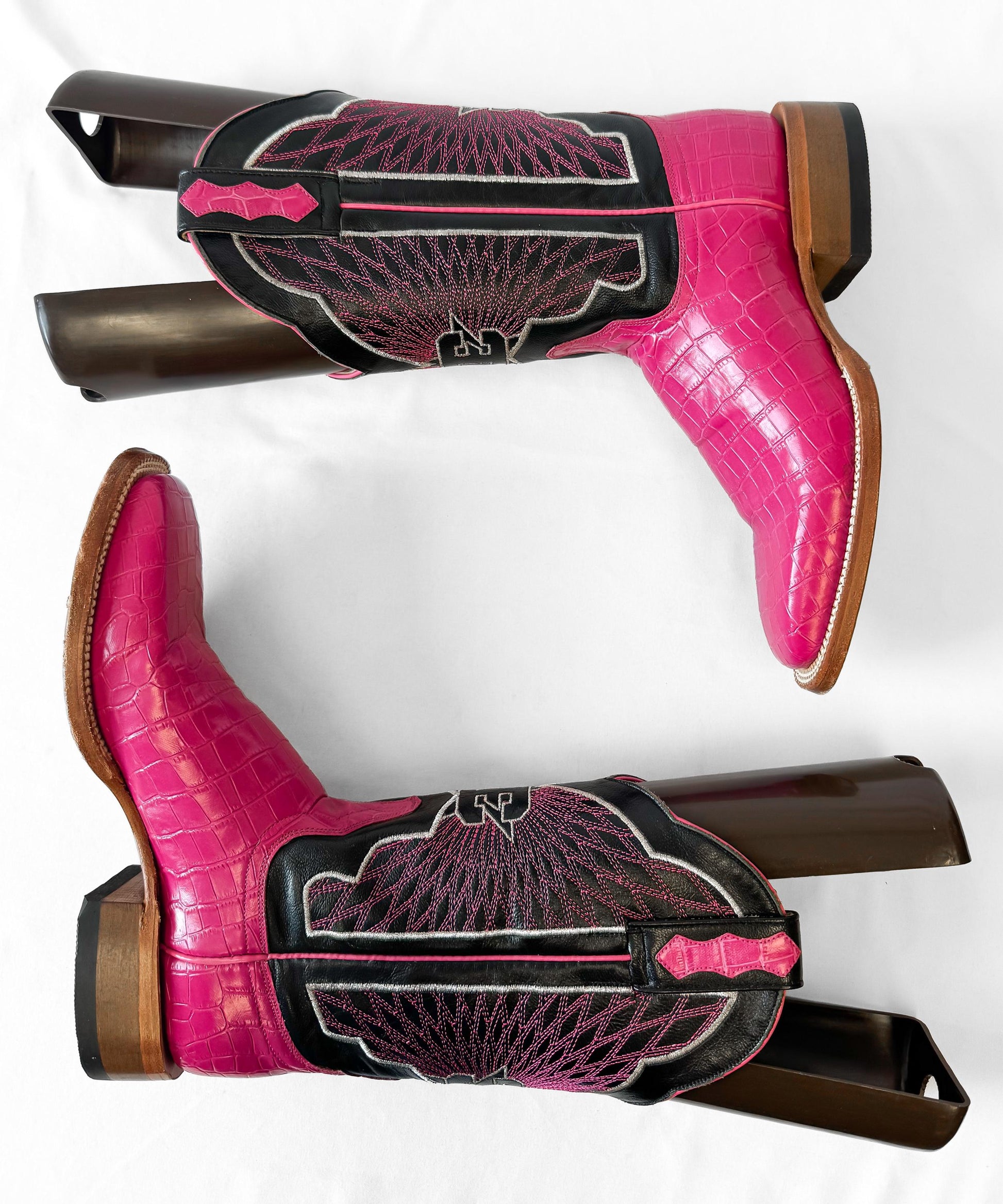 Deadstock Cinch Edge Hot Pink Fuchsia Black Leather Cowboy Boots, Women's Sz. 7B, Vintage Unique Statement Western Festival Cowgirl Boot