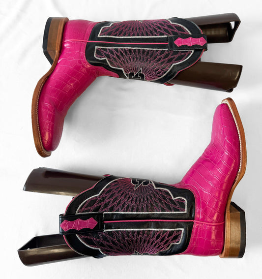 Deadstock Cinch Edge Hot Pink Fuchsia Black Leather Cowboy Boots, Women's Sz. 7B, Vintage Unique Statement Western Festival Cowgirl Boot