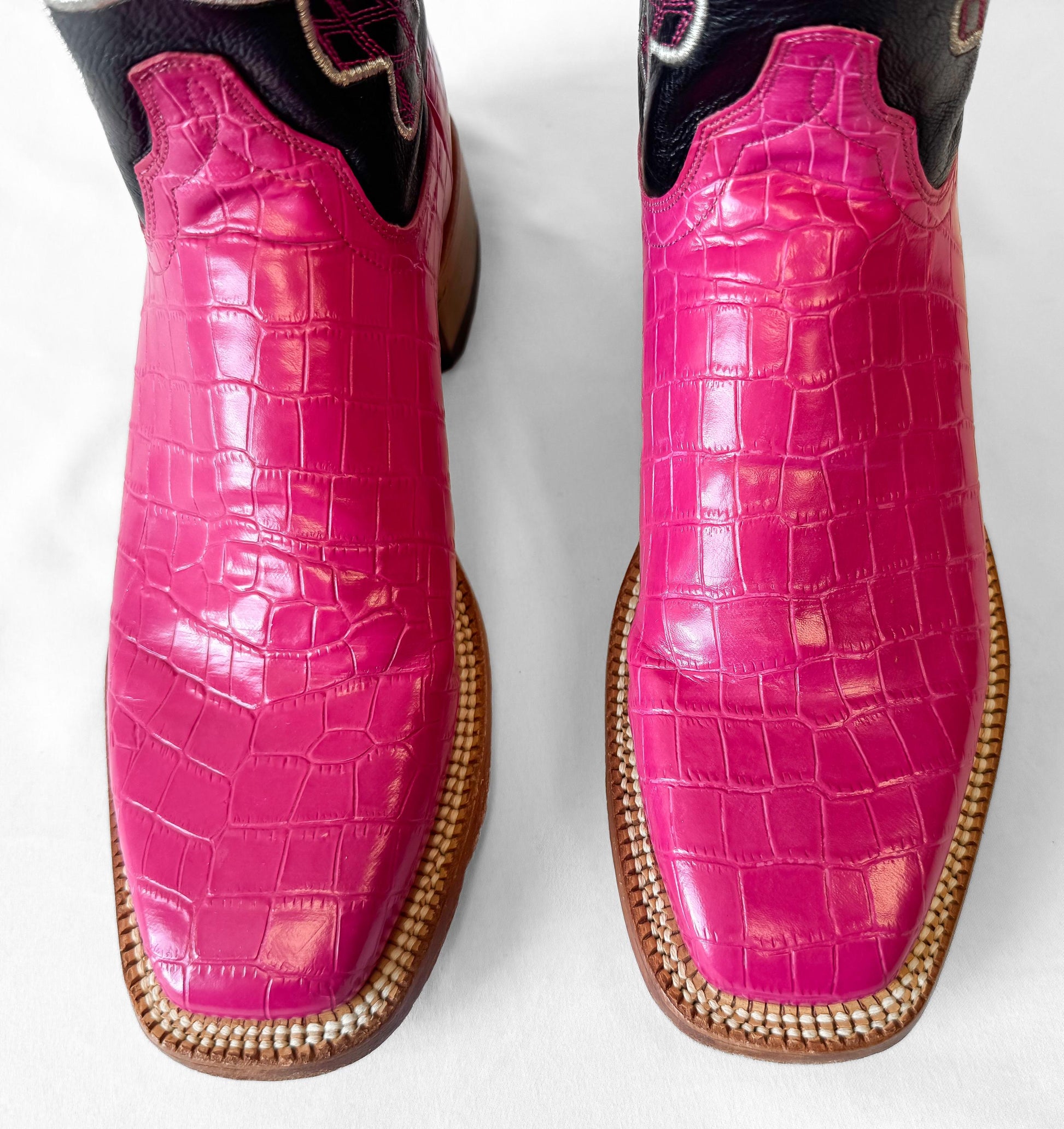 Deadstock Cinch Edge Hot Pink Fuchsia Black Leather Cowboy Boots, Women's Sz. 7B, Vintage Unique Statement Western Festival Cowgirl Boot