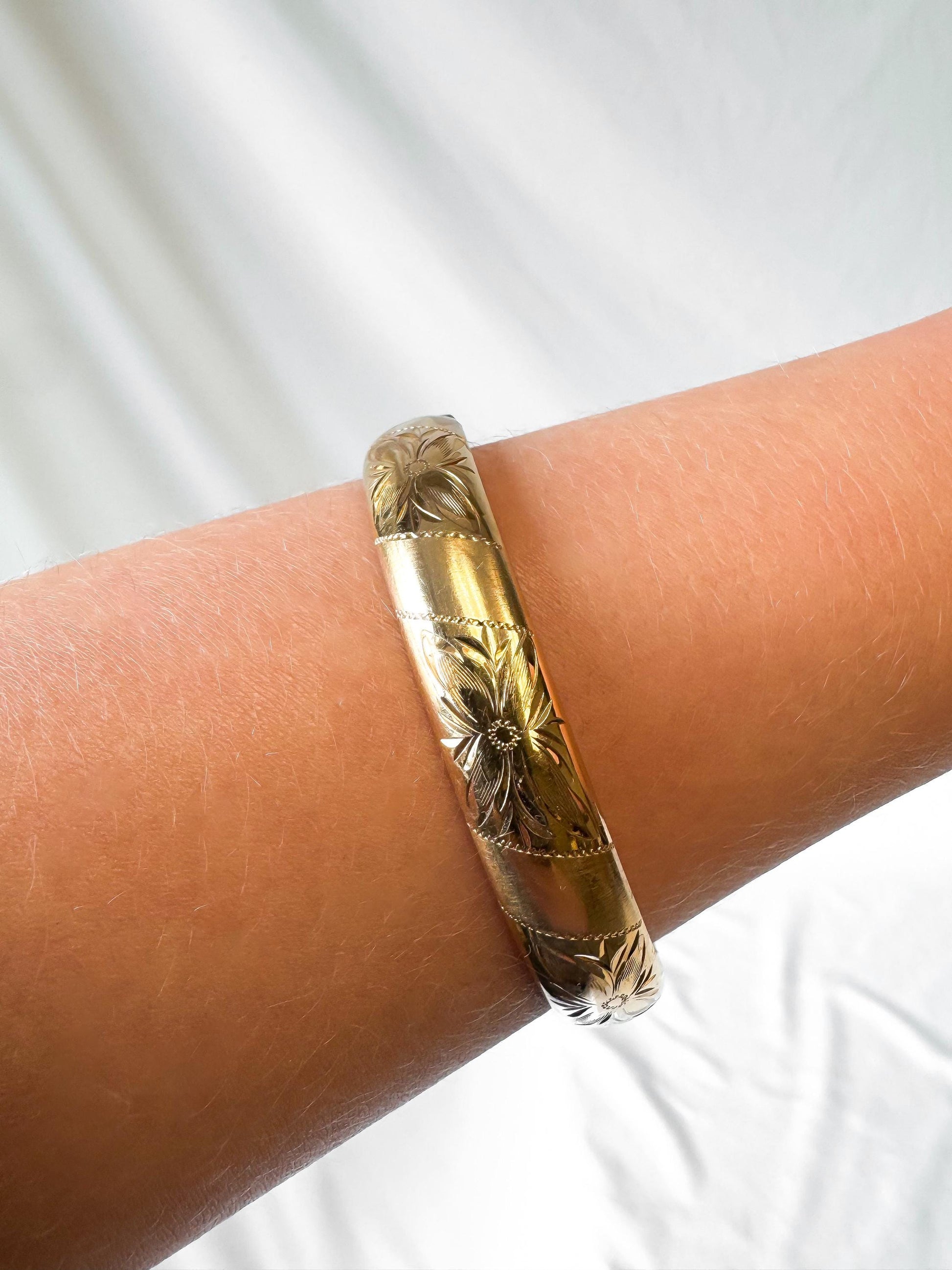 Vintage Walter E. Haguard Gold Filled Floral Etched Bangle Bracelet