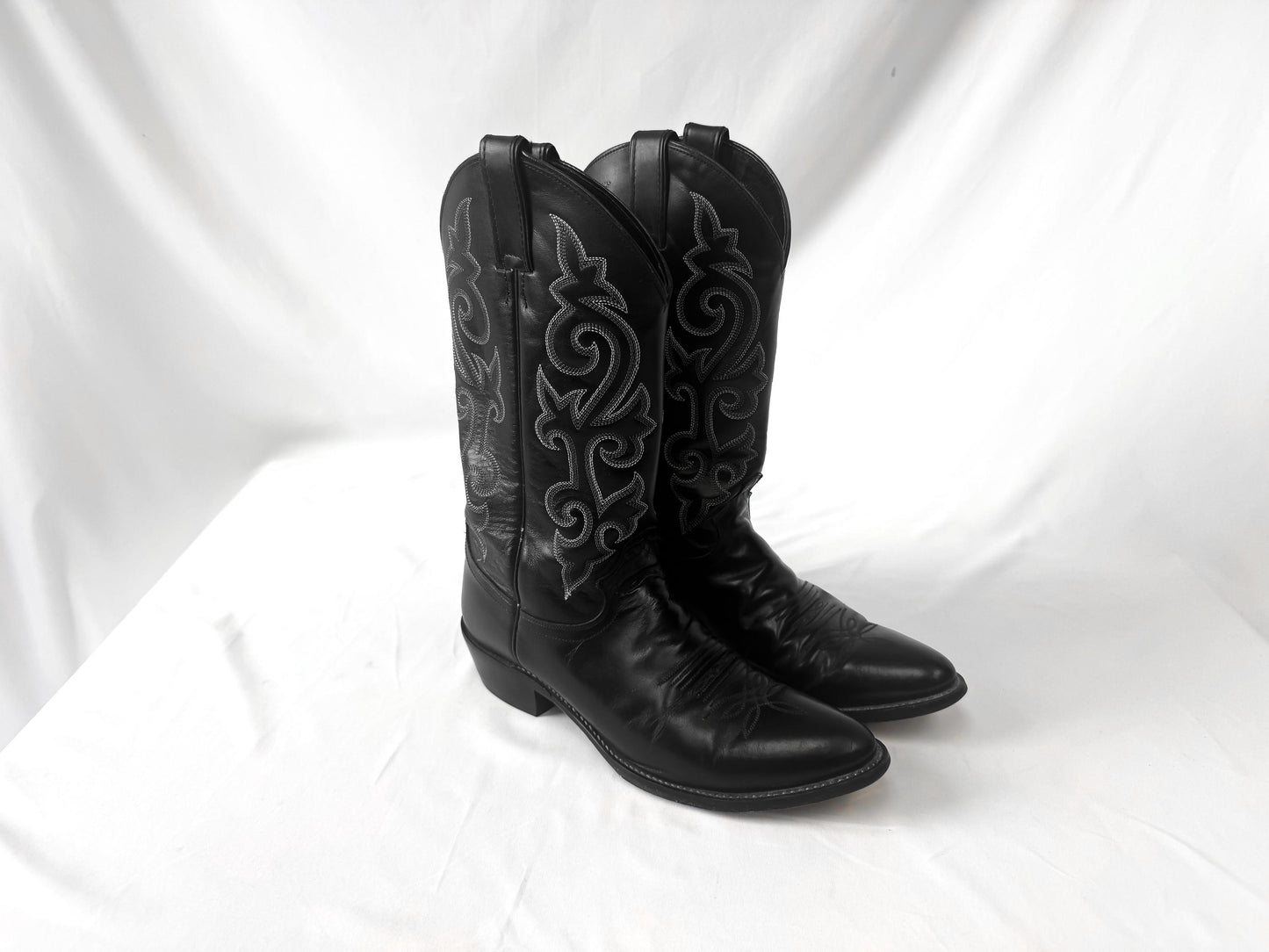Vintage Style Justin 1409 Black London Calf Leather Cowboy Boots, Men's Sz. 10D, Western Festival Cowboy Boots
