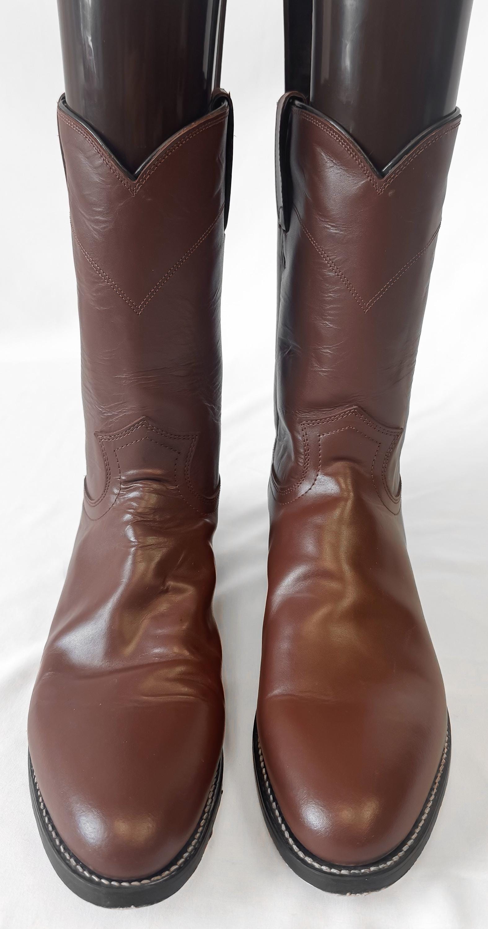 Vintage Style Justin 3404 Brown Roper Leather Cowboy Boots, Men's Sz. 8.5B, Unisex Western Festival Boots