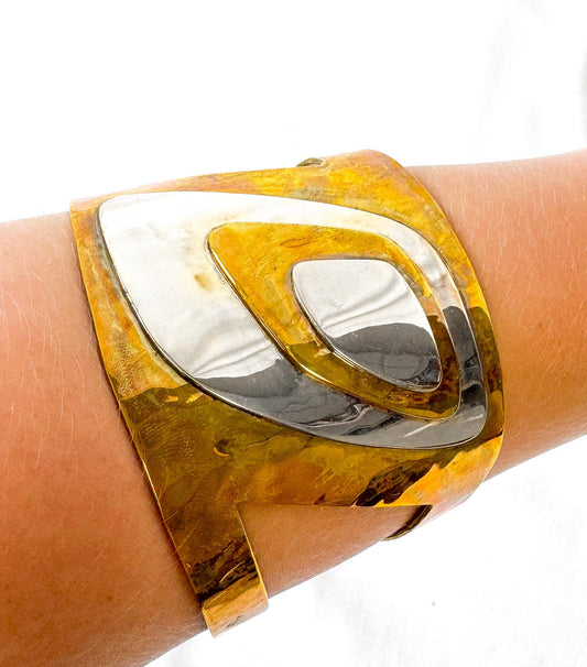 Vintage Robert Lee Morris RLM Studio Brass Sterling Silver Moving Shadows Adjustable Cuff Bracelet, Unique Statement Modernist Bracelet