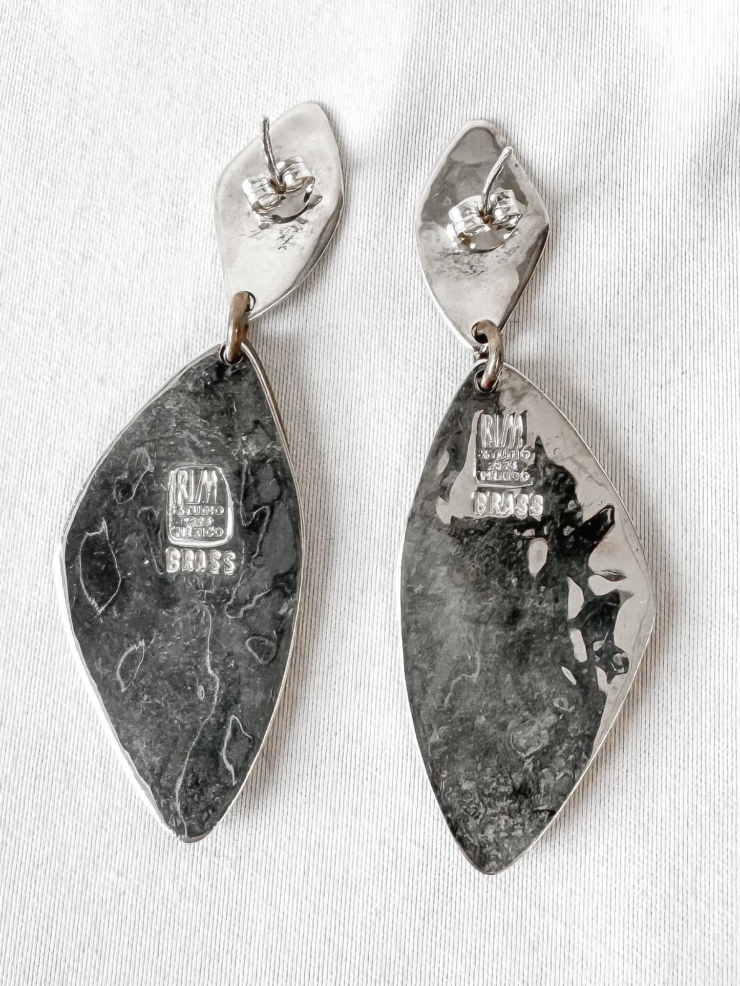 Vintage Robert Lee Morris "Moving Shadows" 925 Brass Mixed Metal Teardrop Dangle Stud Earrings, Unique Statement Modernist Earrings