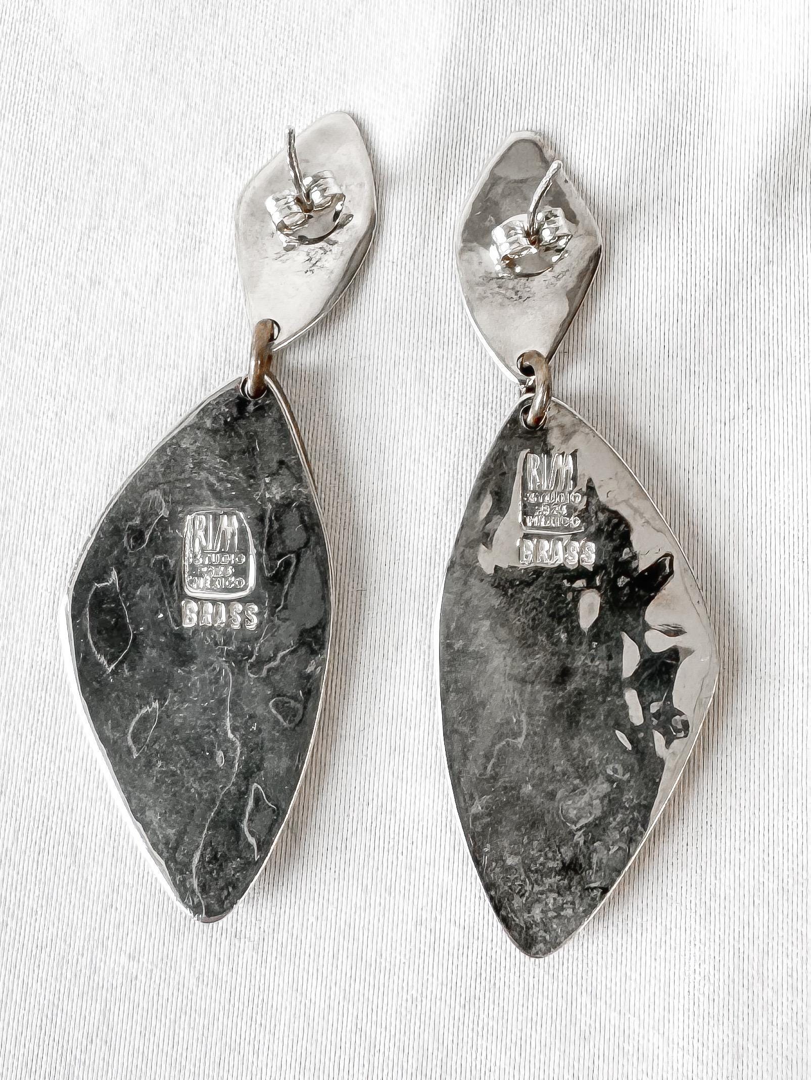 Vintage Robert Lee Morris "Moving Shadows" 925 Brass Mixed Metal Teardrop Dangle Stud Earrings, Unique Statement Modernist Earrings
