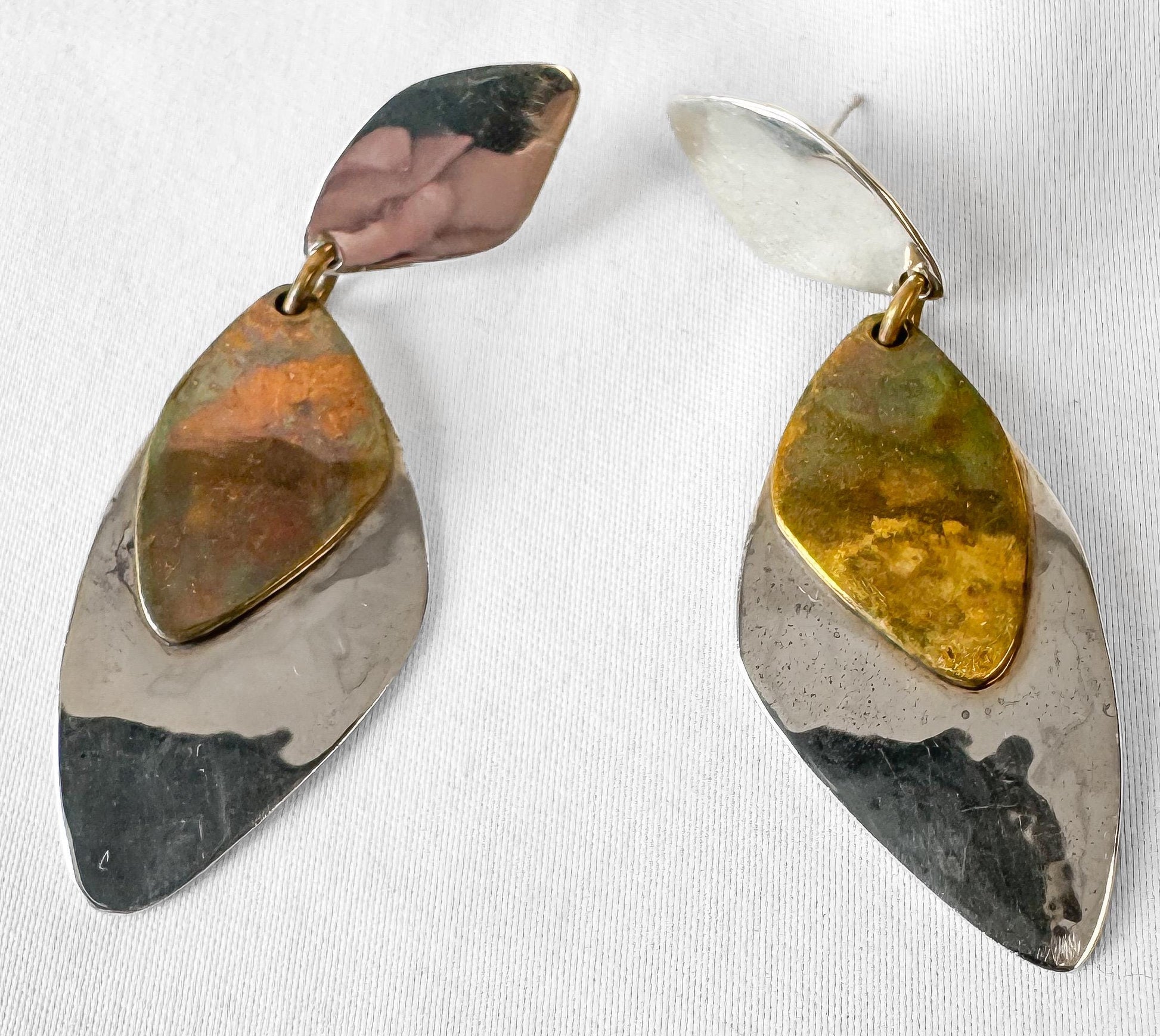Vintage Robert Lee Morris "Moving Shadows" 925 Brass Mixed Metal Teardrop Dangle Stud Earrings, Unique Statement Modernist Earrings