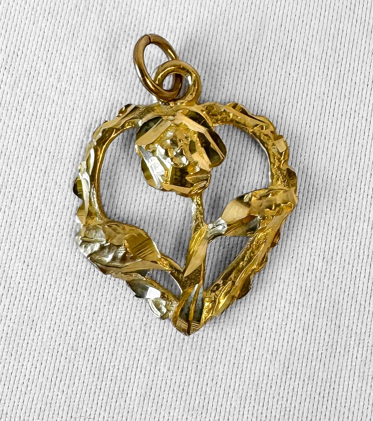 Vintage 10K Yellow Gold Diamond Cut Rose Heart Pendant