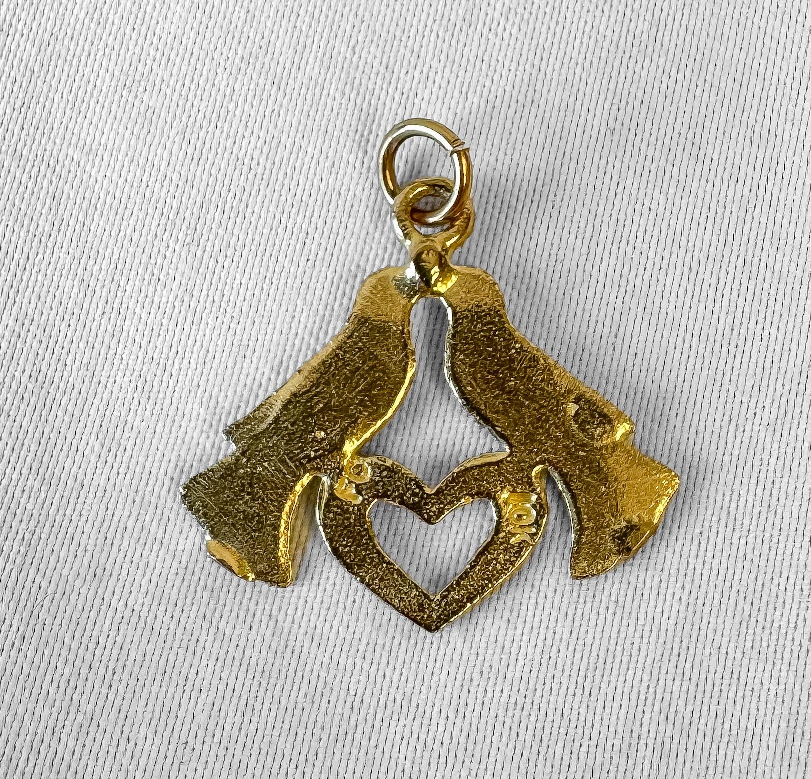 Vintage 10K Yellow Gold Love Birds Heart Diamond Cut Pendant