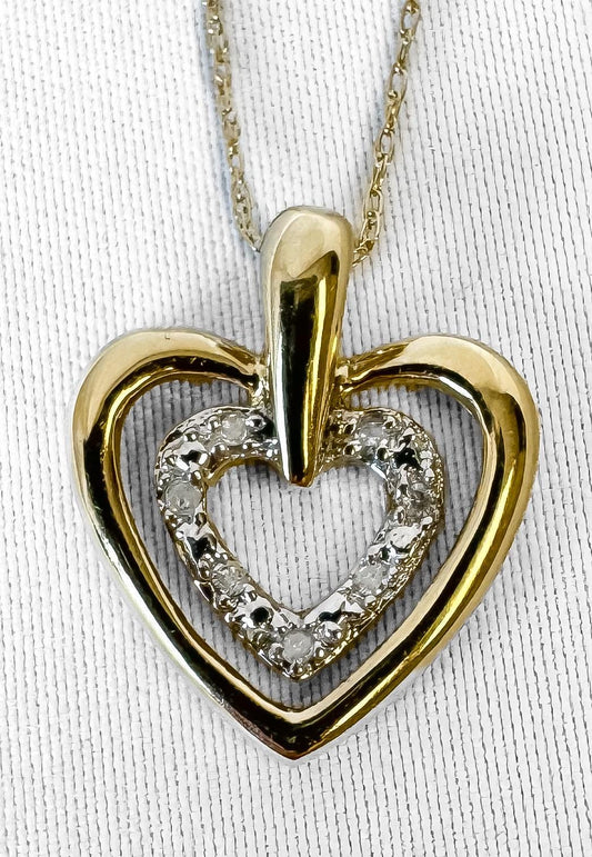 Vintage 10K Yellow Gold Diamond Accent Heart Necklace 18 Inches, Simple Dainty Everyday Minimalist Necklace