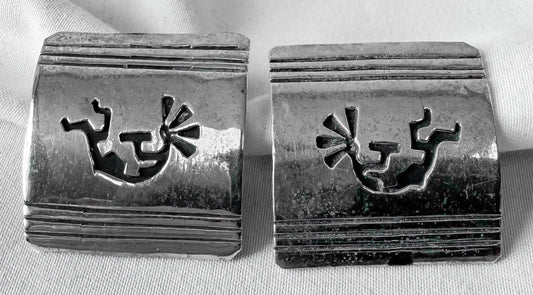 Vintage T. Billy Sterling Silver Kokopelli Square Navajo Stud Earrings
