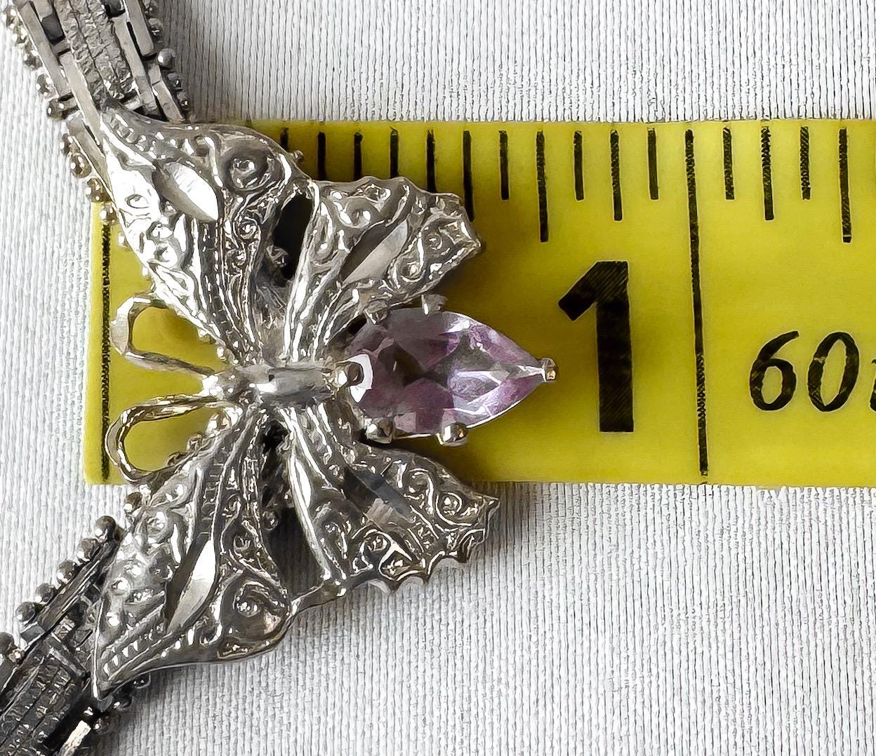 Vintage 925 Italy Amethyst Butterfly Riccio Chain Pendant 16.5 Inch Choker Necklace, Boho Whimsy Brutalist Style Necklace