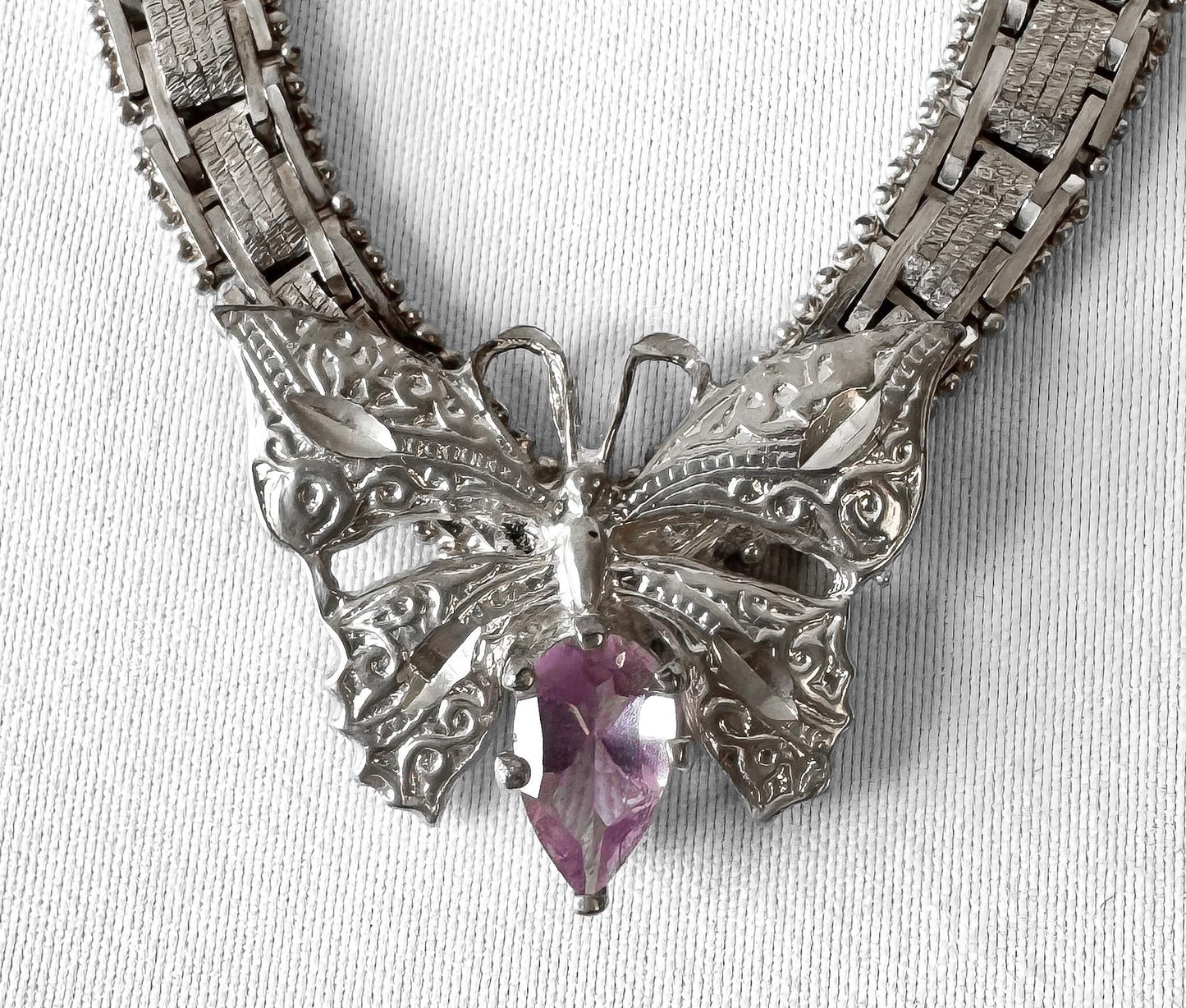 Vintage 925 Italy Amethyst Butterfly Riccio Chain Pendant 16.5 Inch Choker Necklace, Boho Whimsy Brutalist Style Necklace