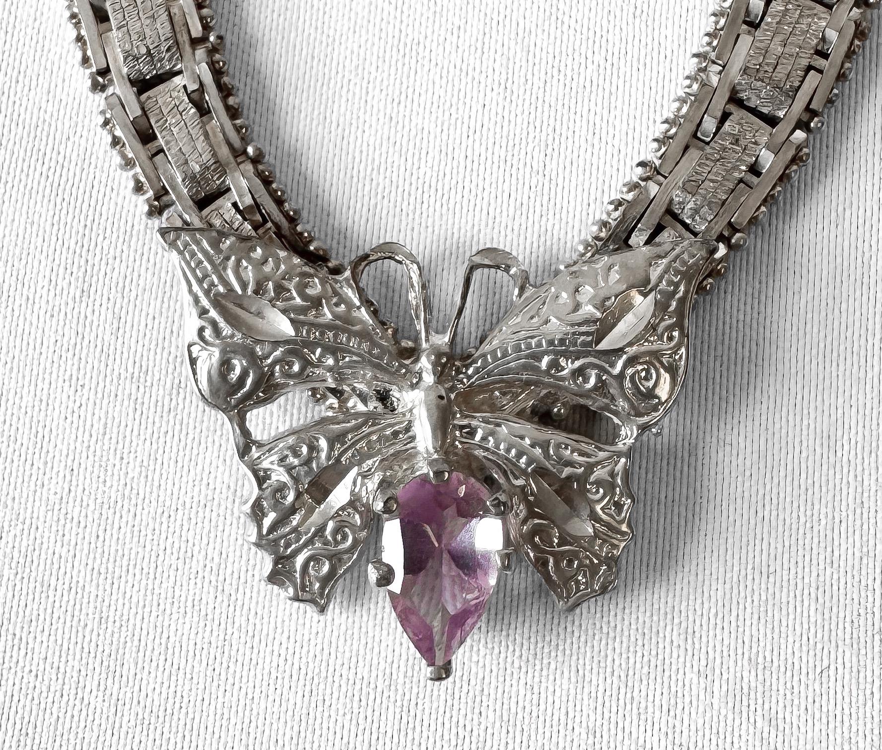 Vintage 925 Italy Amethyst Butterfly Riccio Chain Pendant 16.5 Inch Choker Necklace, Boho Whimsy Brutalist Style Necklace