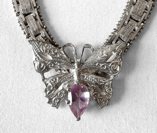 Vintage 925 Italy Amethyst Butterfly Riccio Chain Pendant 16.5 Inch Choker Necklace, Boho Whimsy Brutalist Style Necklace