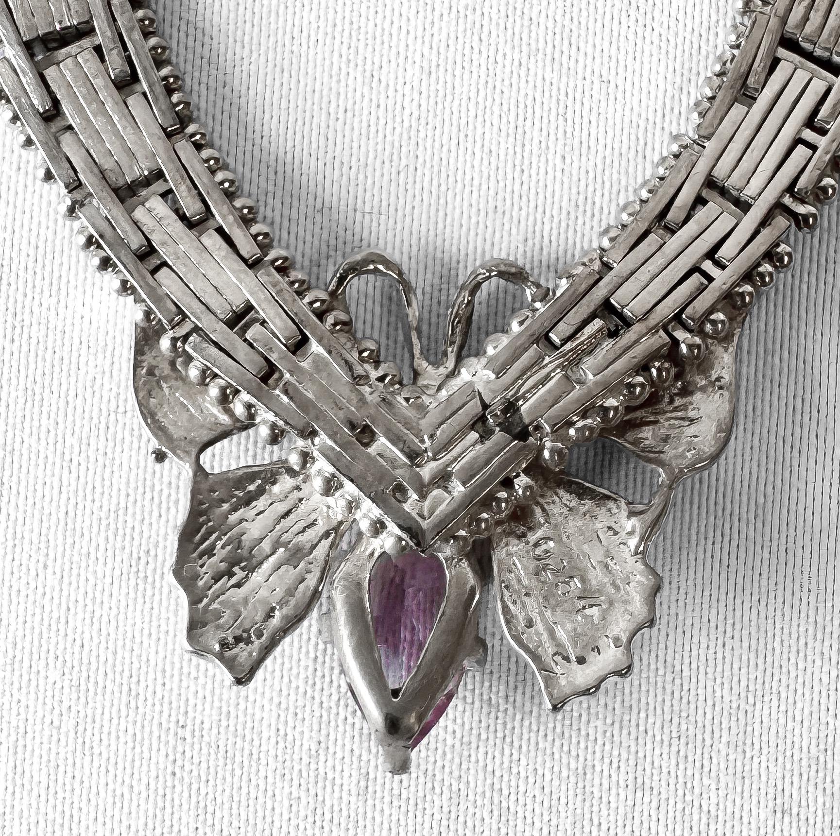 Vintage 925 Italy Amethyst Butterfly Riccio Chain Pendant 16.5 Inch Choker Necklace, Boho Whimsy Brutalist Style Necklace