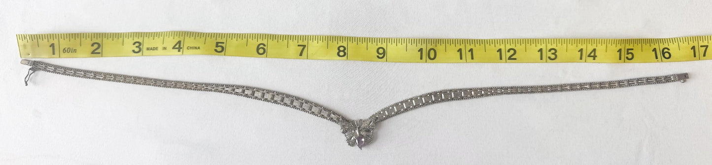Vintage 925 Italy Amethyst Butterfly Riccio Chain Pendant 16.5 Inch Choker Necklace, Boho Whimsy Brutalist Style Necklace