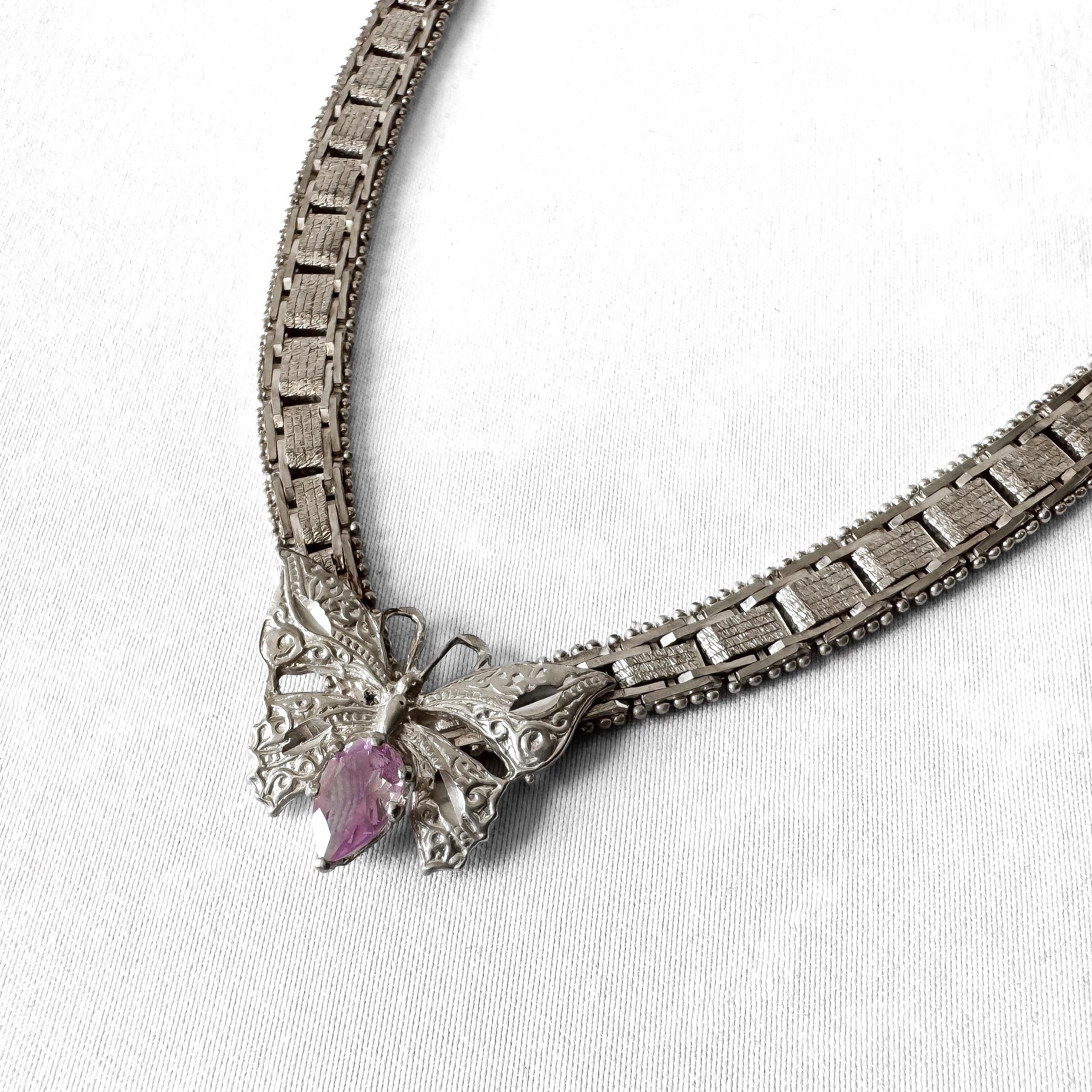Vintage 925 Italy Amethyst Butterfly Riccio Chain Pendant 16.5 Inch Choker Necklace, Boho Whimsy Brutalist Style Necklace