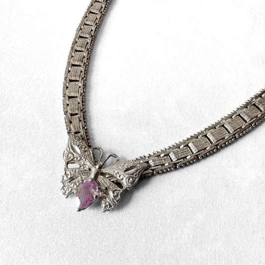 Vintage 925 Italy Amethyst Butterfly Riccio Chain Pendant 16.5 Inch Choker Necklace, Boho Whimsy Brutalist Style Necklace