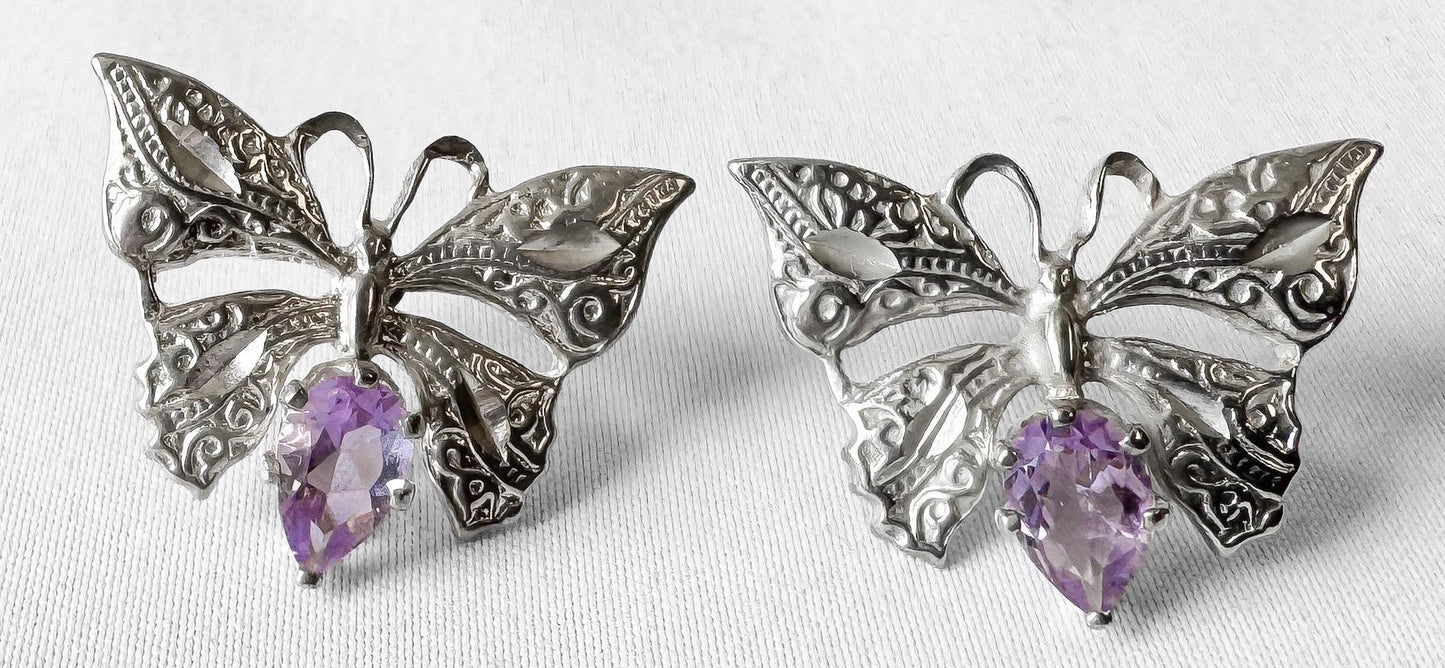 Vintage 925 Sterling Silver Amethyst Butterfly Stud Earrings, Boho Whimsy Brutalist Style Earrings