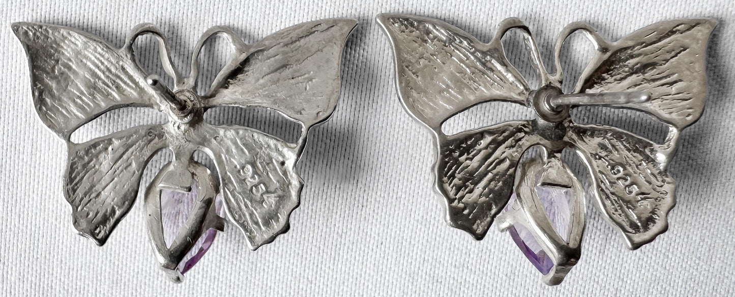 Vintage 925 Sterling Silver Amethyst Butterfly Stud Earrings, Boho Whimsy Brutalist Style Earrings