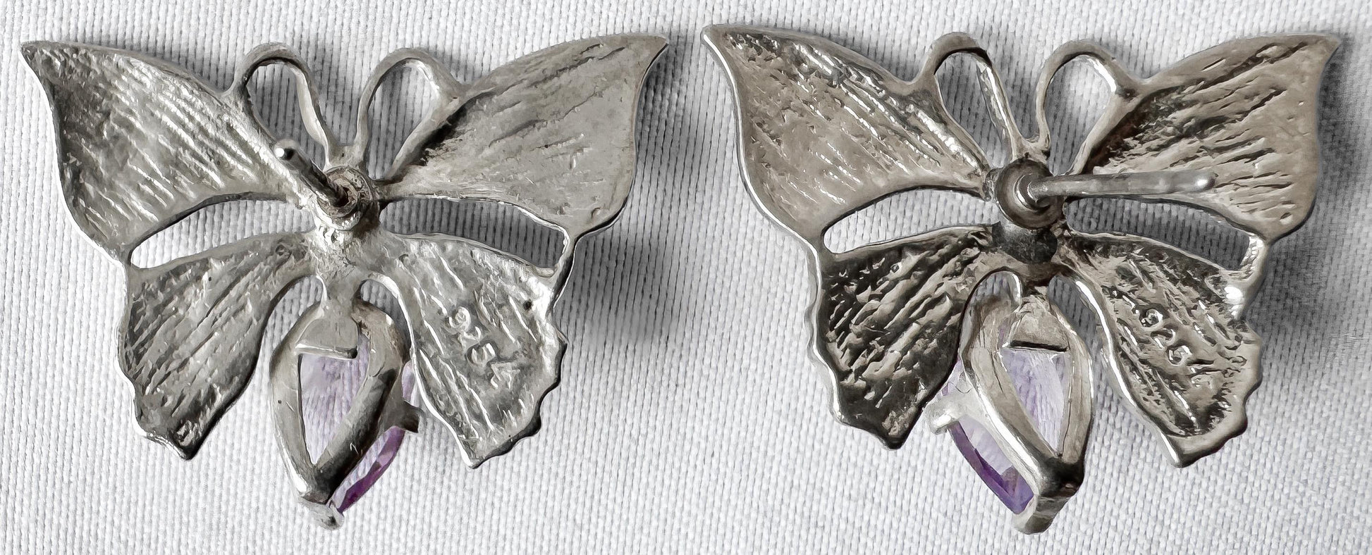 Vintage 925 Sterling Silver Amethyst Butterfly Stud Earrings, Boho Whimsy Brutalist Style Earrings