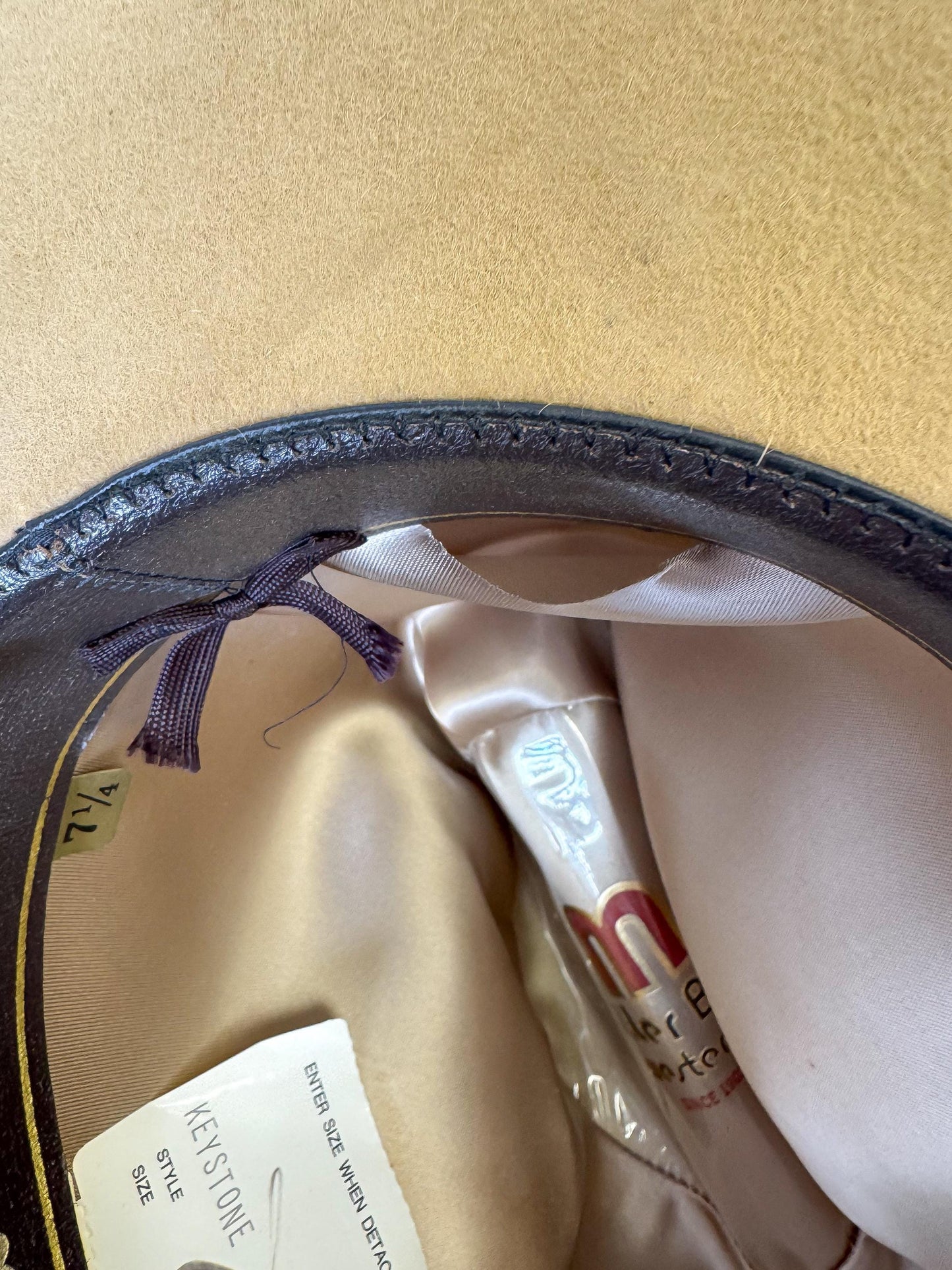 Vintage Miller Bros 3X Keystone Beige Tan Ribbon Feather Band Detail Cowboy Hat, Sz. 7 1/4, Unique Western Hat