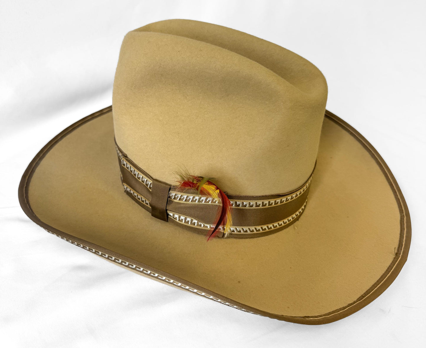 Vintage Miller Bros 3X Keystone Beige Tan Ribbon Feather Band Detail Cowboy Hat, Sz. 7 1/4, Unique Western Hat