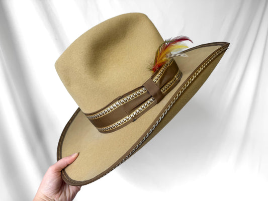Vintage Miller Bros 3X Keystone Beige Tan Ribbon Feather Band Detail Cowboy Hat, Sz. 7 1/4, Unique Western Hat